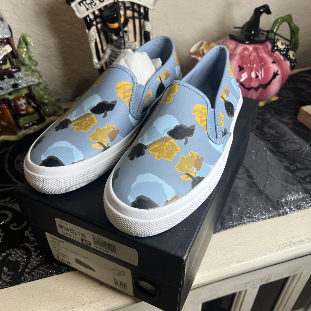 Coach Chrissy Floral Cornflower Leather Slip on Sneakers Size 7.5M